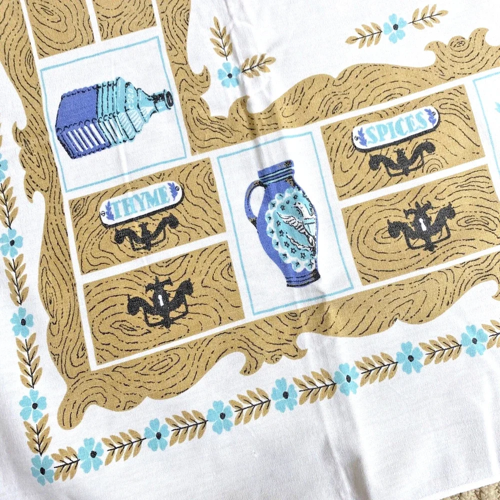 Vintage Mid Century Cotton Tablecloth Colonial Motif Blue & Tan 40